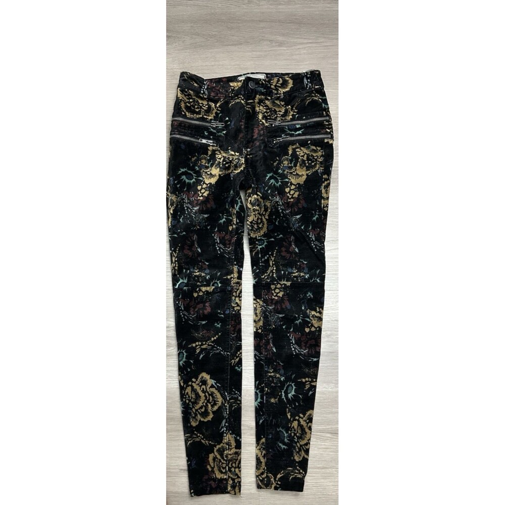 Free People Pants Women  Black Floral Skinny Moto Zipper Stretch Ankle Jeans 0